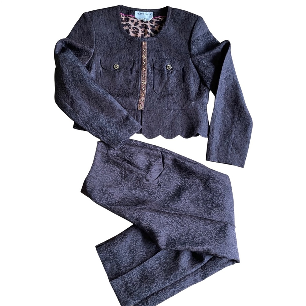 VICTOR COSTA 90s brown brocade pantsuit